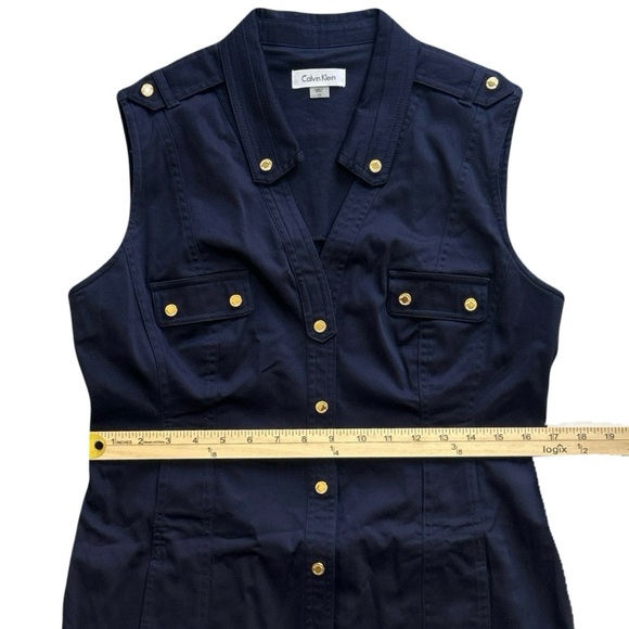 Calvin Klein Shirt Dress Women’s Sz 12 Navy Blue Sleeveless Midi V-Neck Belt - Picture 5 of 12